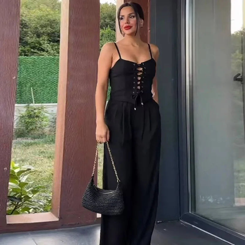 Fashion Women's Lace Up Top Trouser Suits Sleeveless Wide Leg Pants Lady Set 2025 Spring Summer Casual 2 Piece Set Women