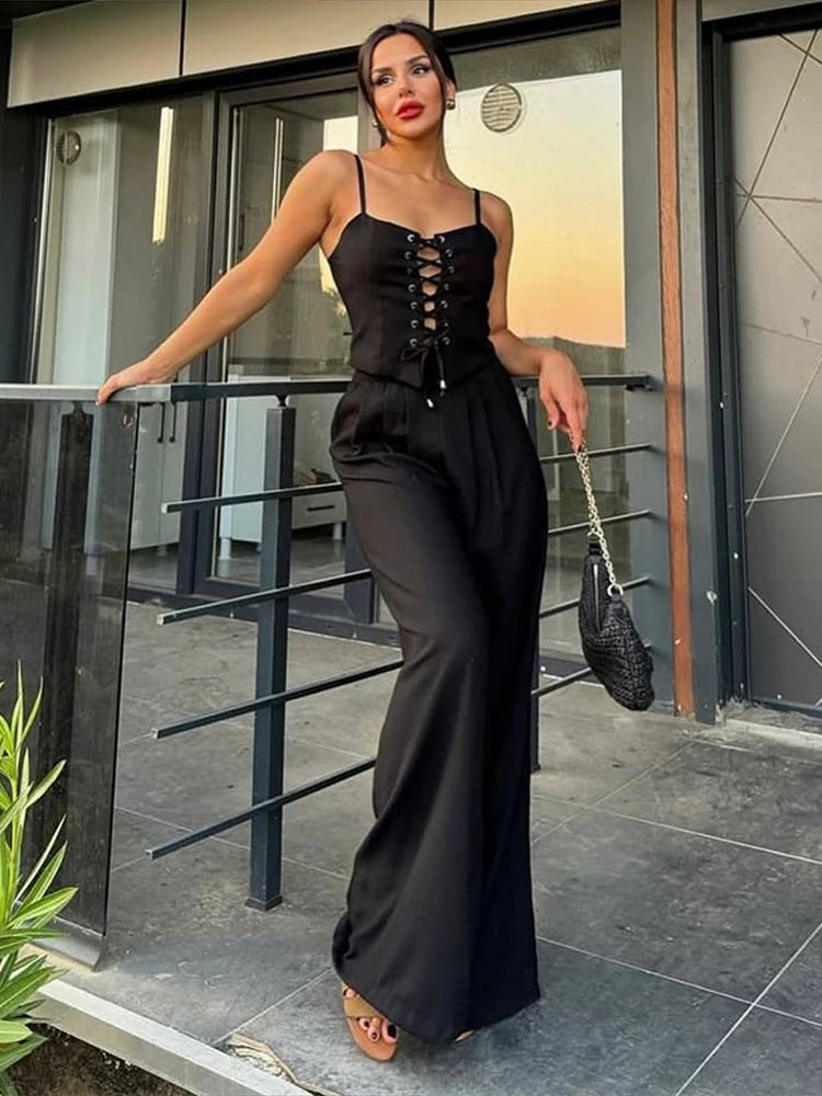 Fashion Women's Lace Up Top Trouser Suits Sleeveless Wide Leg Pants Lady Set 2025 Spring Summer Casual 2 Piece Set Women