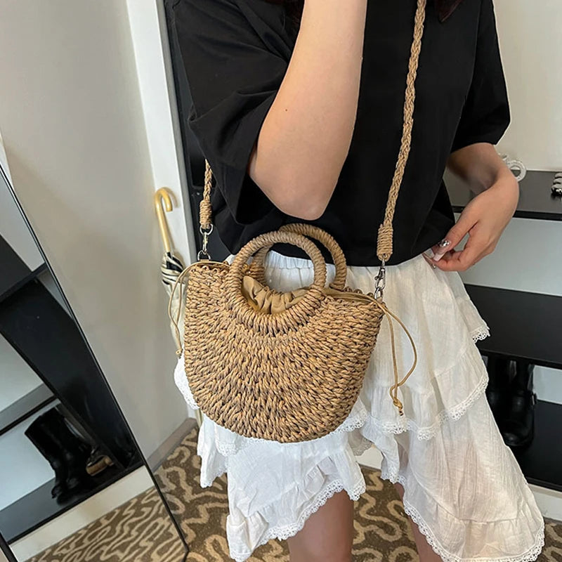 Handwoven Straw Rattan Half-Moon Beach Handbag Large Capacity Women Summer Hollow Out Crossbody Shoulder Bag
