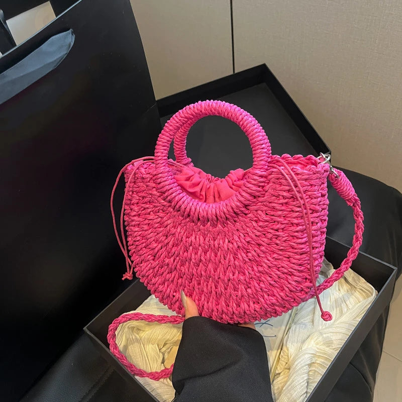 Handwoven Straw Rattan Half-Moon Beach Handbag Large Capacity Women Summer Hollow Out Crossbody Shoulder Bag