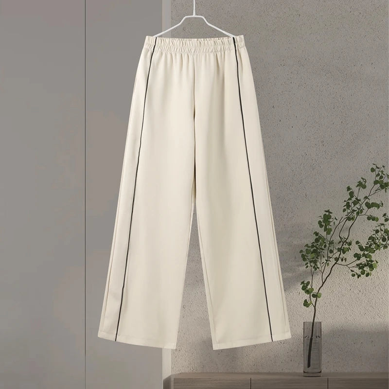 Casual Striped Zipper Coat Trousers Set Women Loose Stand Collar Long Sleeve Top Elastic Waist Wide Leg Pants 2025 New Tracksuit