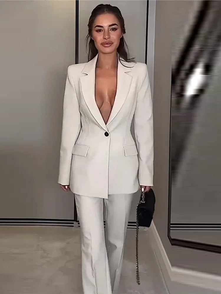 Chic Office Lady Solid Women Suit Pockets V Neck Slim Blazer Straight Loose Flare Pants New Fashion 2025 Blazer Pant Set