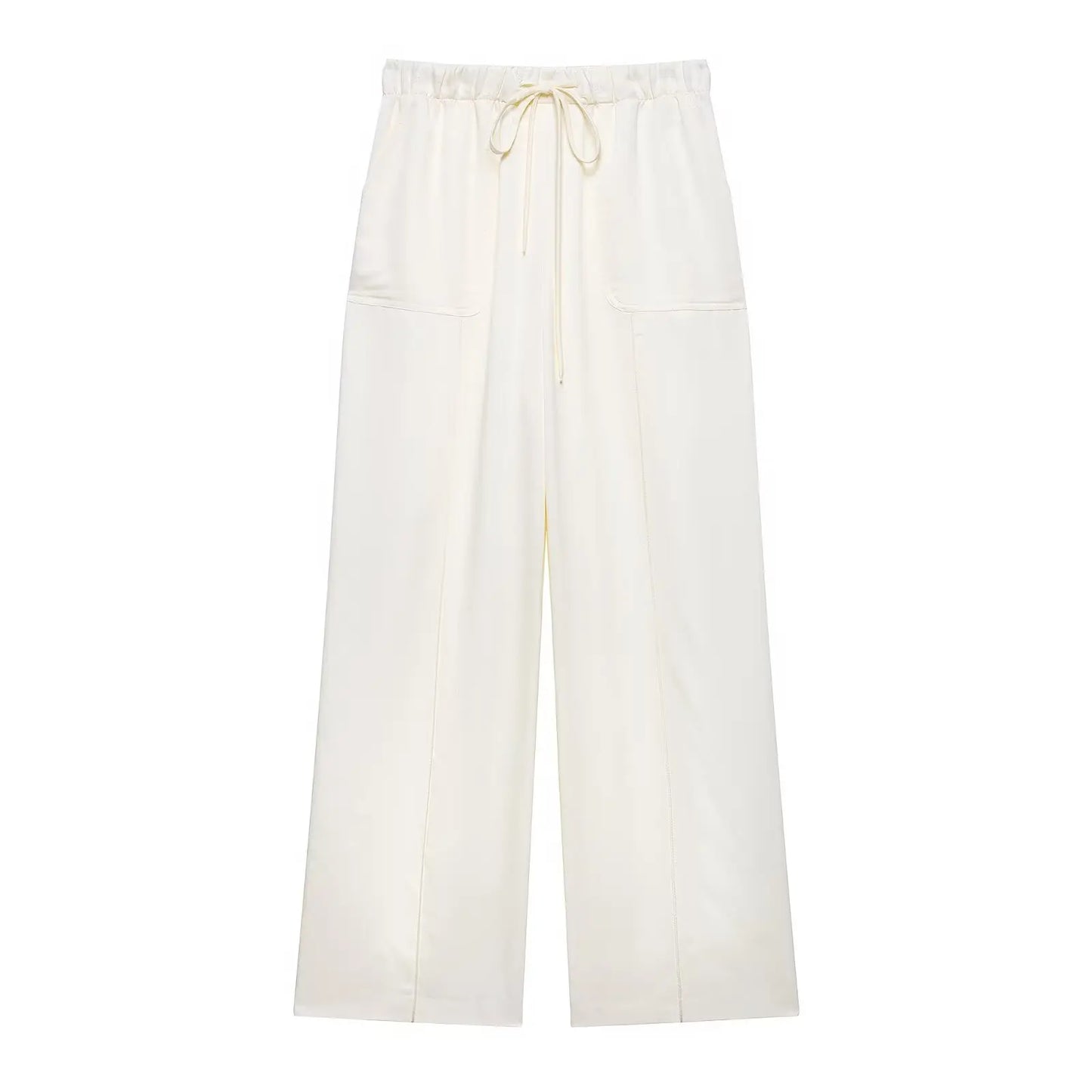 EDSA Women Beige Satin Pants Set Asymmetric Hem Open Back Halter Neck Blouse Mid-rise Straight Long Trousers Summer Suits