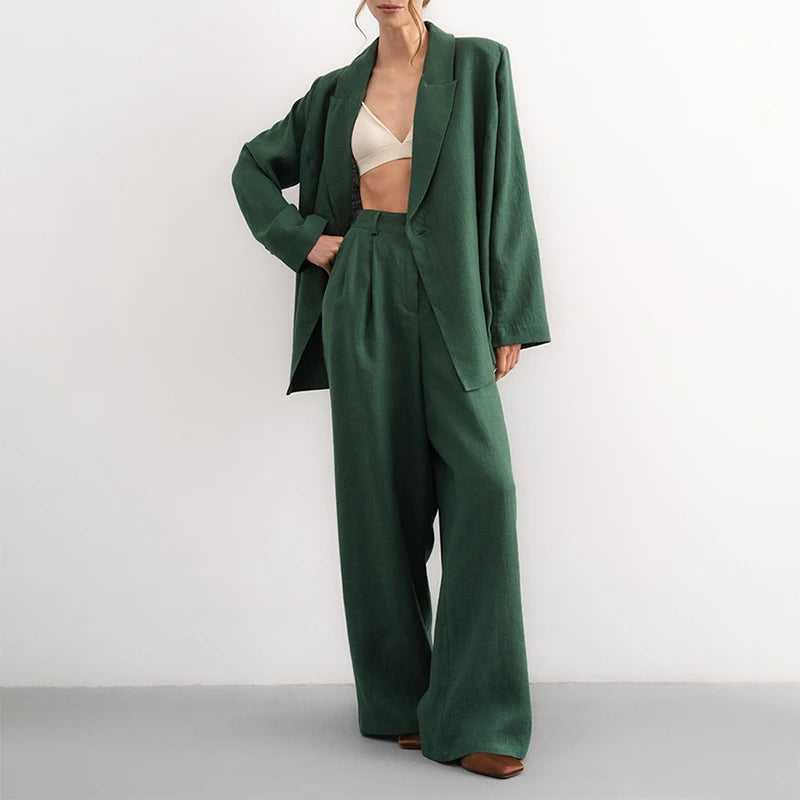 Casual Women's Shirts Trouser Suits Long Sleeve Turn-Down Collar Straight Pants Solid Lady Sets 2025 Summer Casual 2 Piece Set