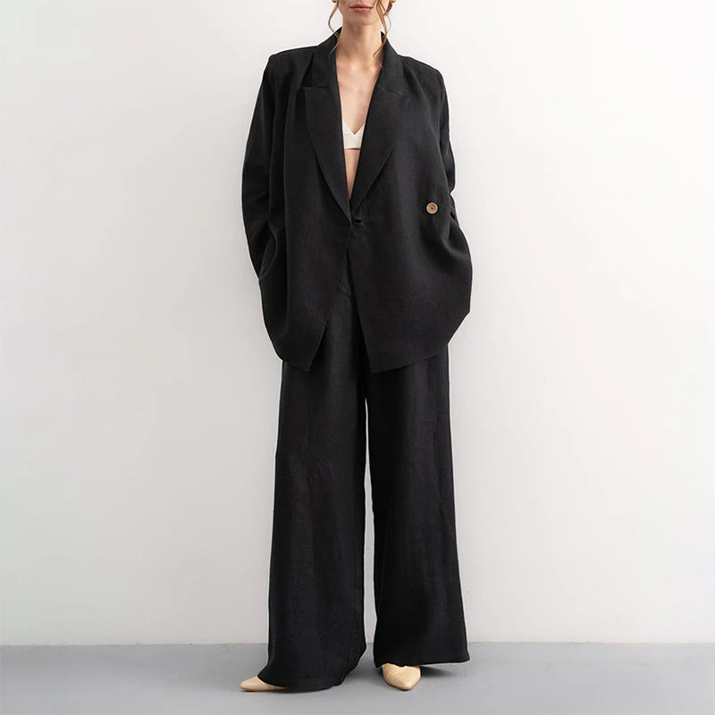 Casual Women's Shirts Trouser Suits Long Sleeve Turn-Down Collar Straight Pants Solid Lady Sets 2025 Summer Casual 2 Piece Set