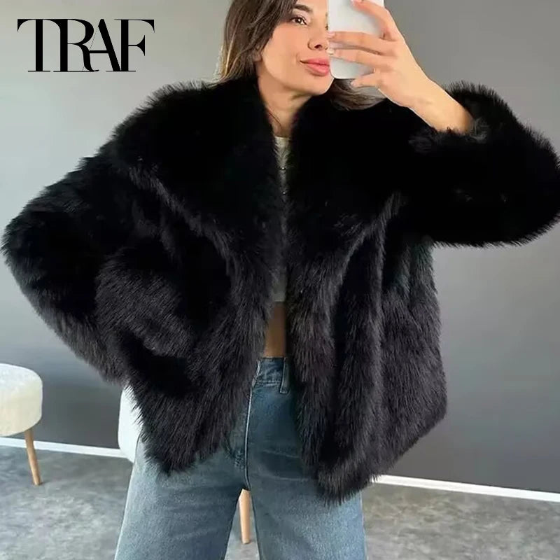 TRAF Womens Coats Winter Cropped Faux Fur Coat Women Autumn Long Sleeve Fluffy Black Jacket Outerwears Warm Plush Short Coats