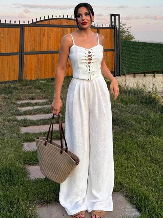 Fashion Women's Lace Up Top Trouser Suits Sleeveless Wide Leg Pants Lady Set 2025 Spring Summer Casual 2 Piece Set Women