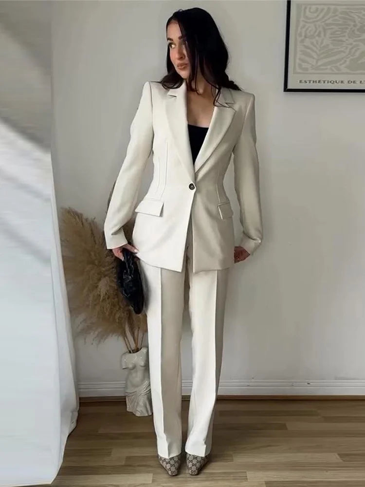 Chic Office Lady Solid Women Suit Pockets V Neck Slim Blazer Straight Loose Flare Pants New Fashion 2025 Blazer Pant Set