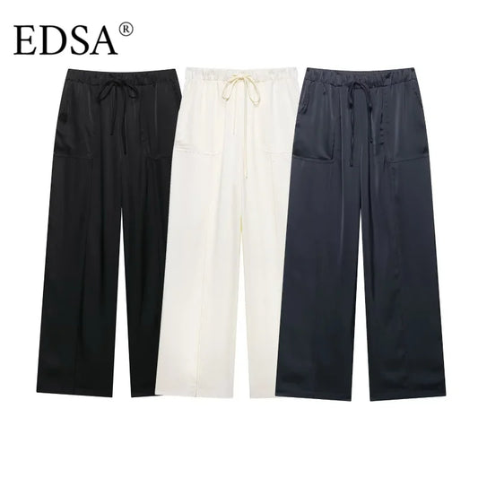 EDSA Women Beige Satin Pants Set Asymmetric Hem Open Back Halter Neck Blouse Mid-rise Straight Long Trousers Summer Suits
