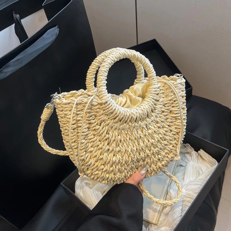 Handwoven Straw Rattan Half-Moon Beach Handbag Large Capacity Women Summer Hollow Out Crossbody Shoulder Bag