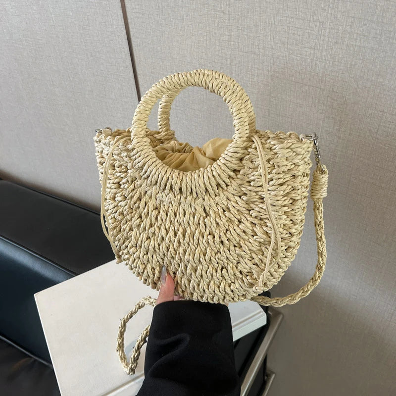 Handwoven Straw Rattan Half-Moon Beach Handbag Large Capacity Women Summer Hollow Out Crossbody Shoulder Bag