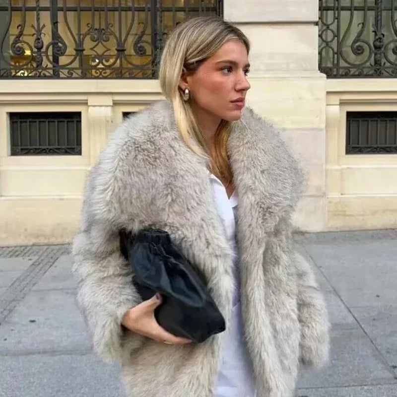 TRAF Womens Coats Winter Cropped Faux Fur Coat Women Autumn Long Sleeve Fluffy Black Jacket Outerwears Warm Plush Short Coats