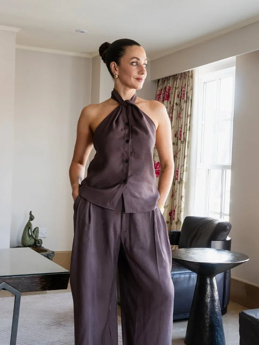 Sexy Women's Halter Top Trouser Suits Sleeveless Wide Leg Pants Solid Lady Sets 2025 Summer Fall Fashion 2 Pieces Set Women