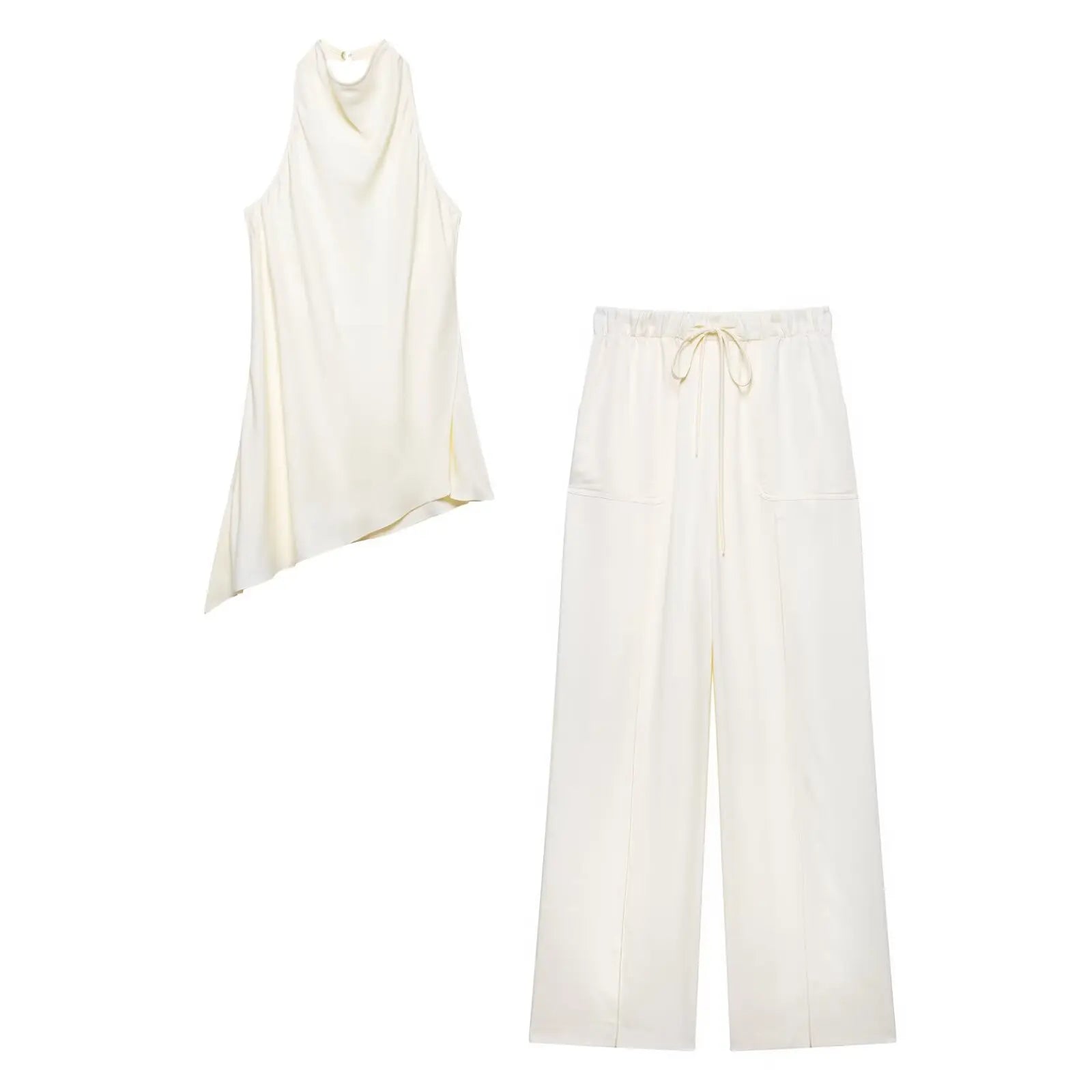 EDSA Women Beige Satin Pants Set Asymmetric Hem Open Back Halter Neck Blouse Mid-rise Straight Long Trousers Summer Suits