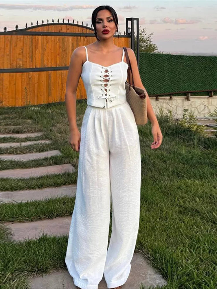 Fashion Women's Lace Up Top Trouser Suits Sleeveless Wide Leg Pants Lady Set 2025 Spring Summer Casual 2 Piece Set Women