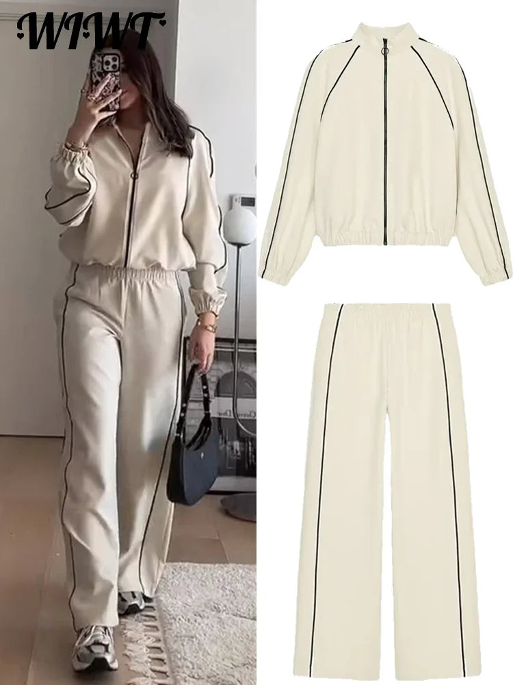 Casual Striped Zipper Coat Trousers Set Women Loose Stand Collar Long Sleeve Top Elastic Waist Wide Leg Pants 2025 New Tracksuit
