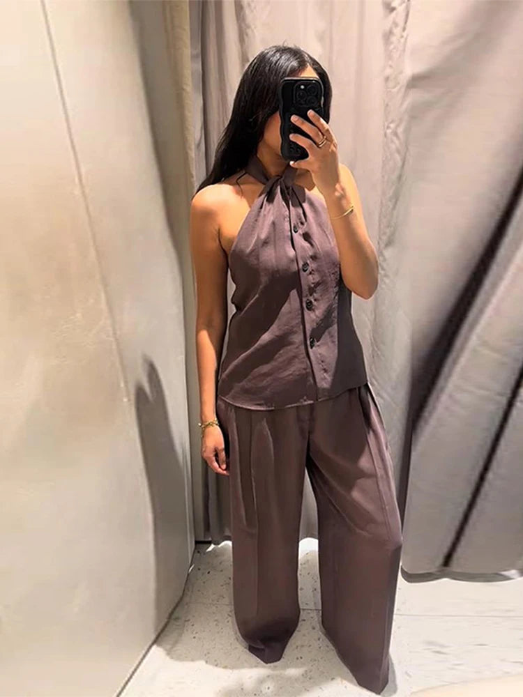 Sexy Women's Halter Top Trouser Suits Sleeveless Wide Leg Pants Solid Lady Sets 2025 Summer Fall Fashion 2 Pieces Set Women