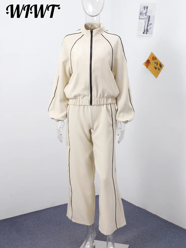 Casual Striped Zipper Coat Trousers Set Women Loose Stand Collar Long Sleeve Top Elastic Waist Wide Leg Pants 2025 New Tracksuit