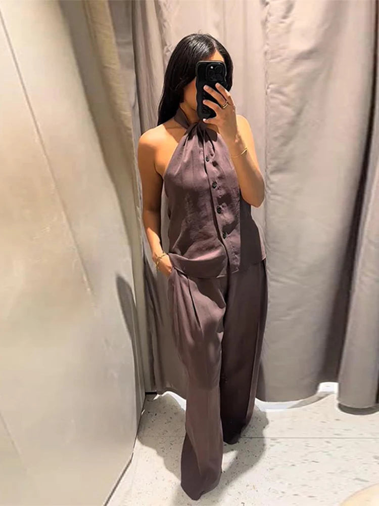 Sexy Women's Halter Top Trouser Suits Sleeveless Wide Leg Pants Solid Lady Sets 2025 Summer Fall Fashion 2 Pieces Set Women