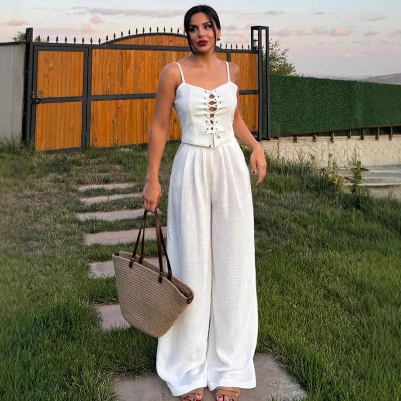 Fashion Women's Lace Up Top Trouser Suits Sleeveless Wide Leg Pants Lady Set 2025 Spring Summer Casual 2 Piece Set Women