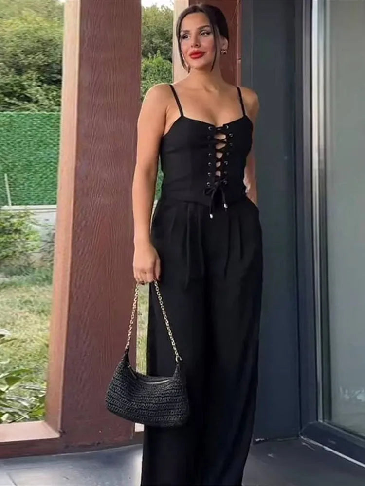 Fashion Women's Lace Up Top Trouser Suits Sleeveless Wide Leg Pants Lady Set 2025 Spring Summer Casual 2 Piece Set Women