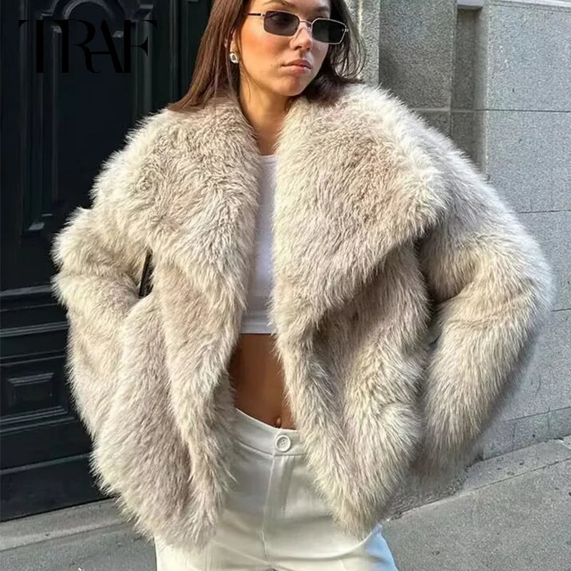 TRAF Womens Coats Winter Cropped Faux Fur Coat Women Autumn Long Sleeve Fluffy Black Jacket Outerwears Warm Plush Short Coats