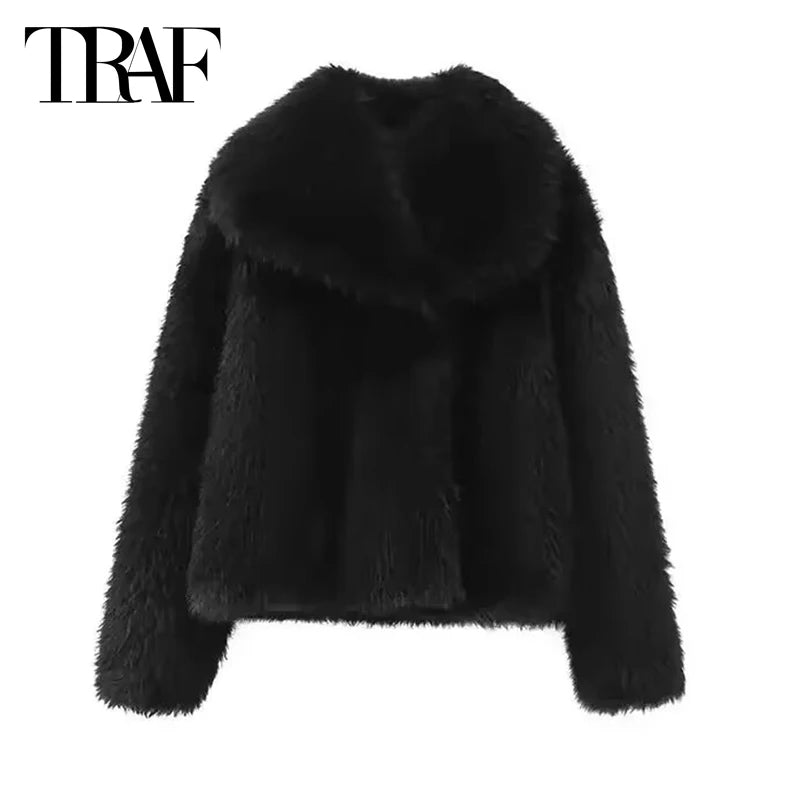 TRAF Womens Coats Winter Cropped Faux Fur Coat Women Autumn Long Sleeve Fluffy Black Jacket Outerwears Warm Plush Short Coats