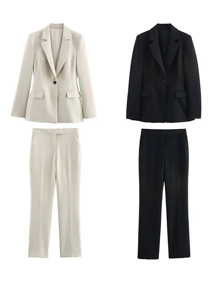 Chic Office Lady Solid Women Suit Pockets V Neck Slim Blazer Straight Loose Flare Pants New Fashion 2025 Blazer Pant Set