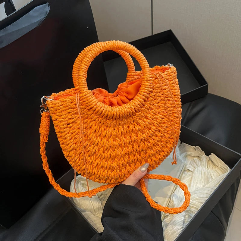 Handwoven Straw Rattan Half-Moon Beach Handbag Large Capacity Women Summer Hollow Out Crossbody Shoulder Bag