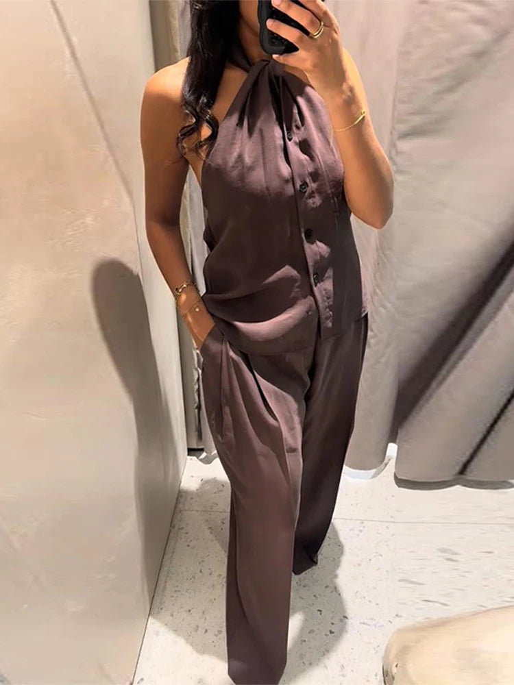 Sexy Women's Halter Top Trouser Suits Sleeveless Wide Leg Pants Solid Lady Sets 2025 Summer Fall Fashion 2 Pieces Set Women