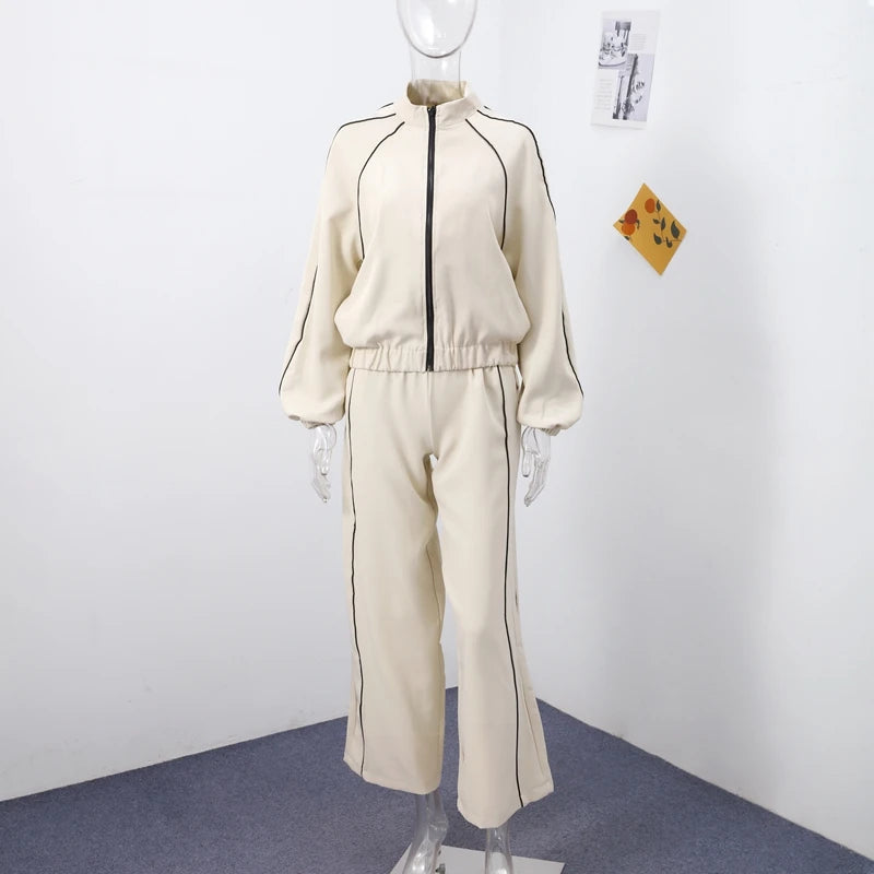 Casual Striped Zipper Coat Trousers Set Women Loose Stand Collar Long Sleeve Top Elastic Waist Wide Leg Pants 2025 New Tracksuit