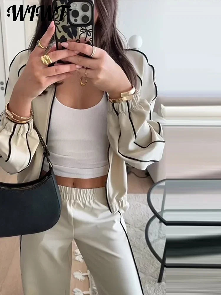 Casual Striped Zipper Coat Trousers Set Women Loose Stand Collar Long Sleeve Top Elastic Waist Wide Leg Pants 2025 New Tracksuit