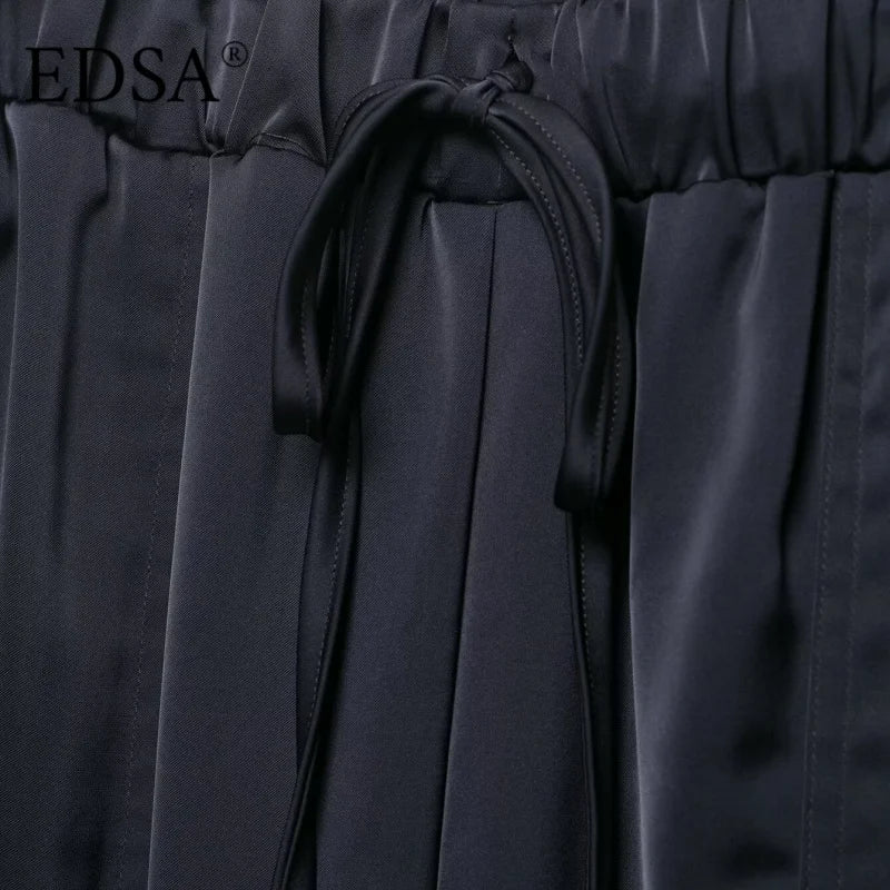 EDSA Women Beige Satin Pants Set Asymmetric Hem Open Back Halter Neck Blouse Mid-rise Straight Long Trousers Summer Suits