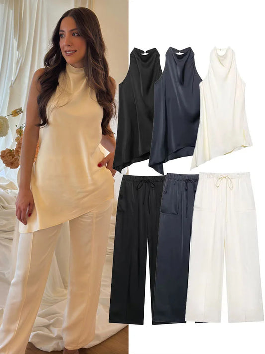 EDSA Women Beige Satin Pants Set Asymmetric Hem Open Back Halter Neck Blouse Mid-rise Straight Long Trousers Summer Suits