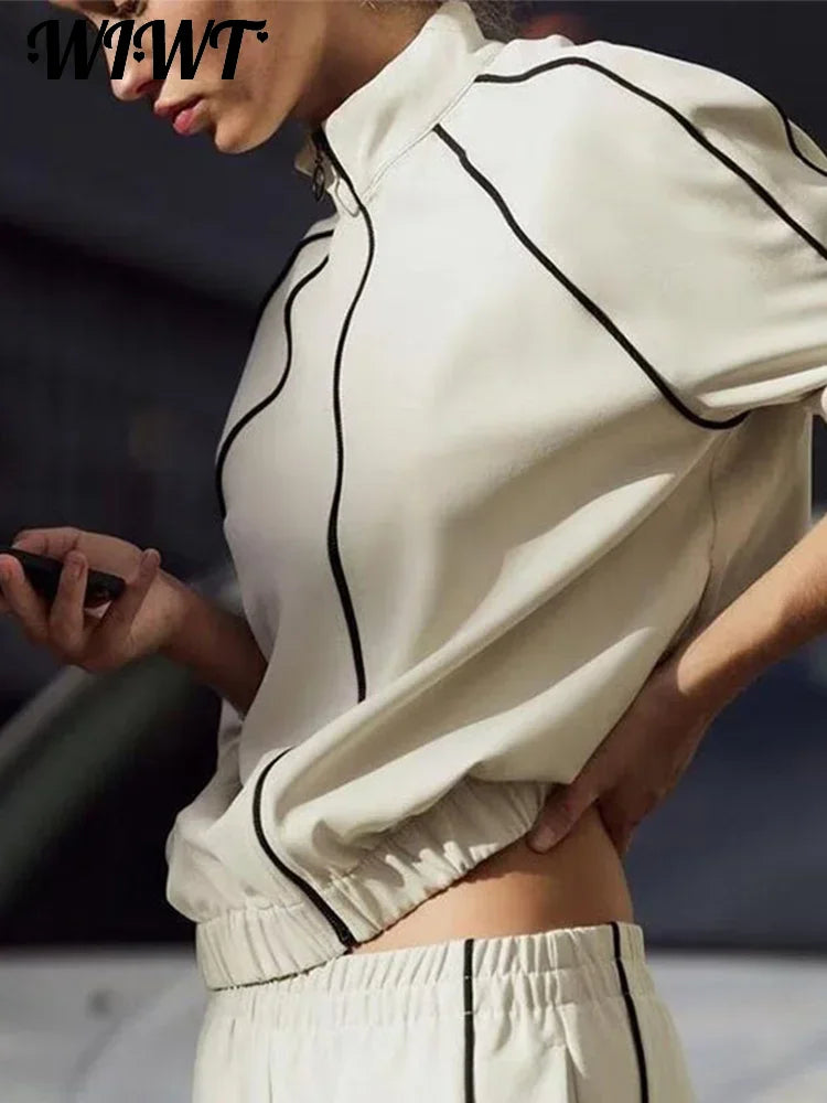 Casual Striped Zipper Coat Trousers Set Women Loose Stand Collar Long Sleeve Top Elastic Waist Wide Leg Pants 2025 New Tracksuit