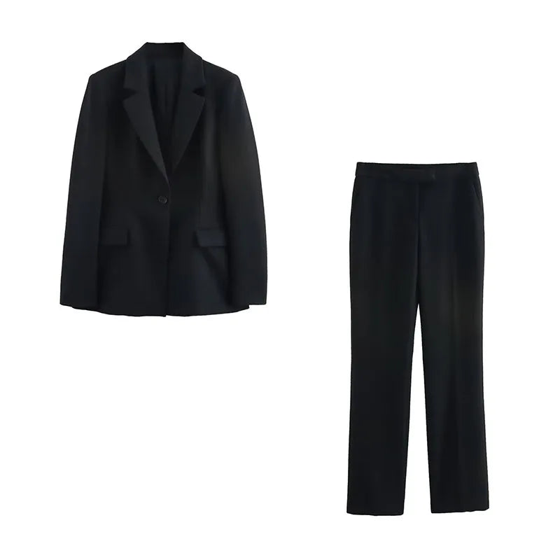 Chic Office Lady Solid Women Suit Pockets V Neck Slim Blazer Straight Loose Flare Pants New Fashion 2025 Blazer Pant Set