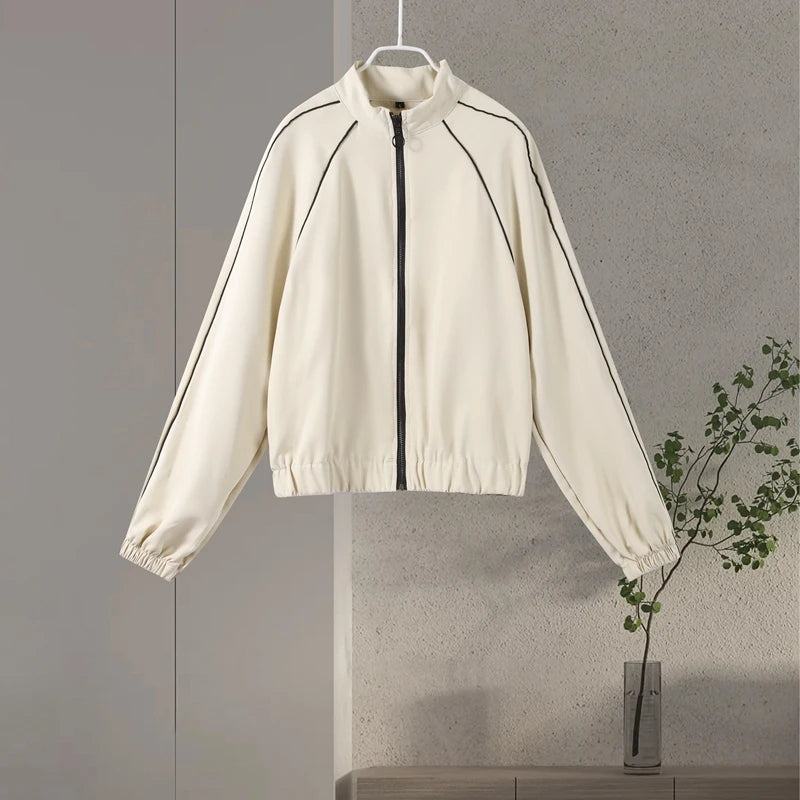 Casual Striped Zipper Coat Trousers Set Women Loose Stand Collar Long Sleeve Top Elastic Waist Wide Leg Pants 2025 New Tracksuit