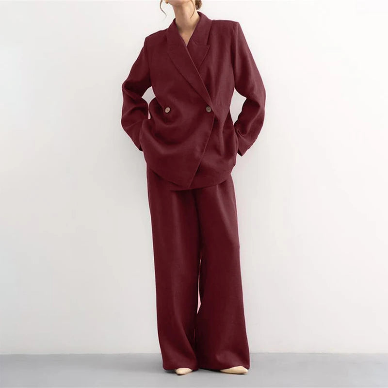 Casual Women's Shirts Trouser Suits Long Sleeve Turn-Down Collar Straight Pants Solid Lady Sets 2025 Summer Casual 2 Piece Set