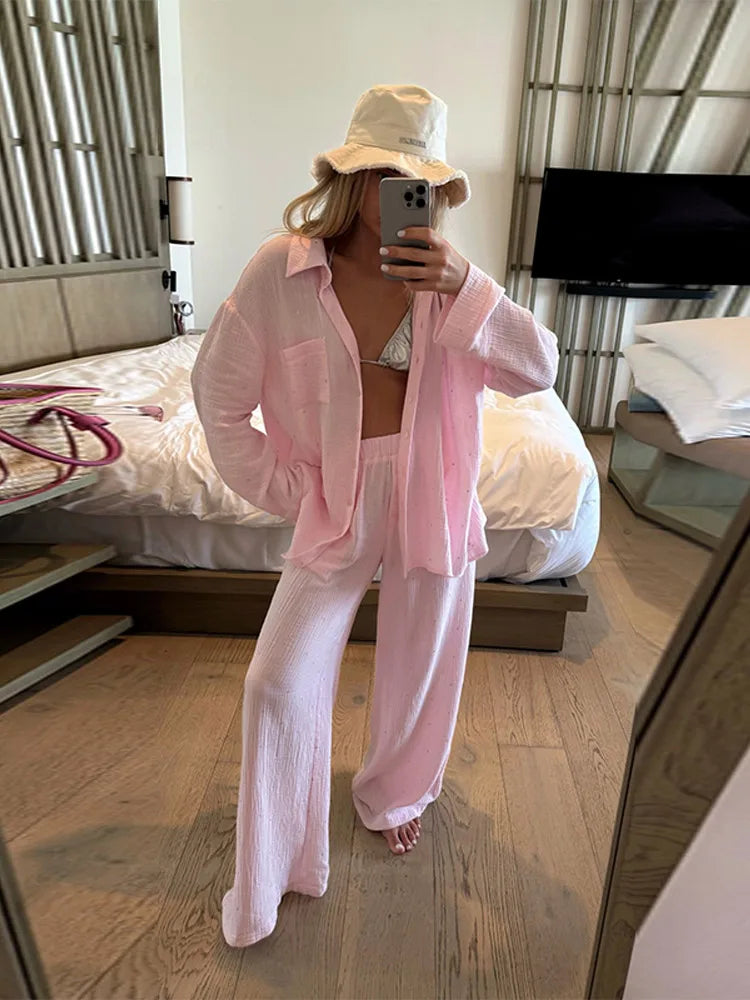 Fashion Women's Hot Drilling Shirts Pant Suits Long Sleeve Button Turn-Down Collar Lady Sets 2025 Casual 2 Pieces Set Women