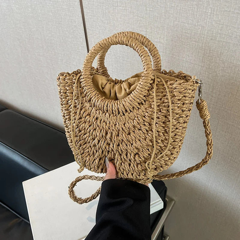 Handwoven Straw Rattan Half-Moon Beach Handbag Large Capacity Women Summer Hollow Out Crossbody Shoulder Bag