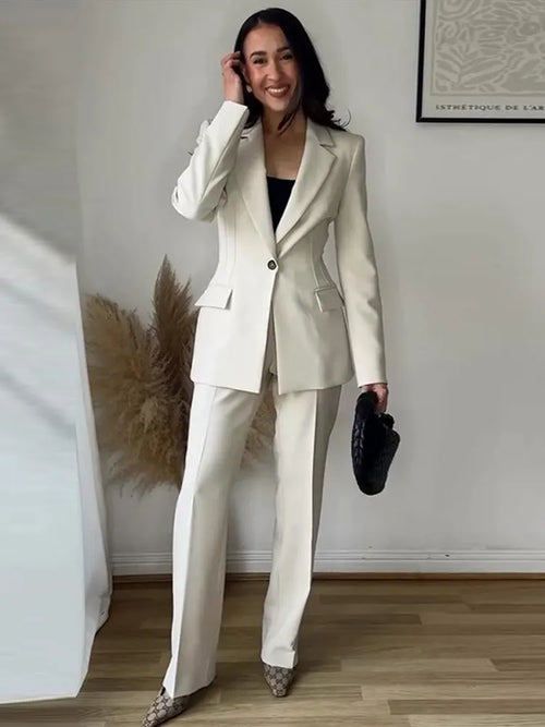 Chic Office Lady Solid Women Suit Pockets V Neck Slim Blazer Straight Loose Flare Pants New Fashion 2025 Blazer Pant Set