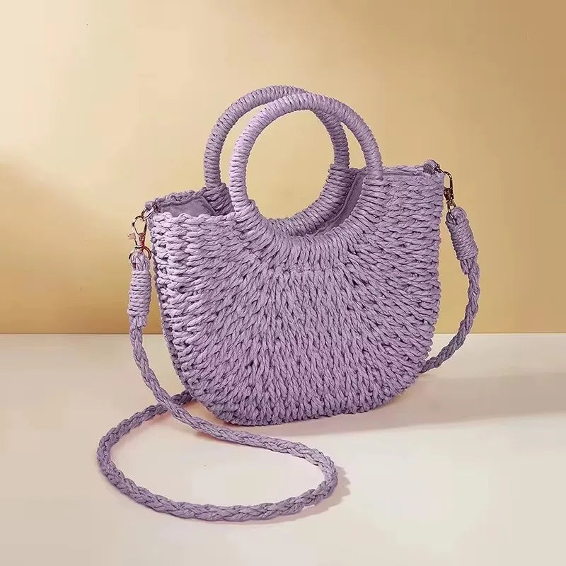 Handwoven Straw Rattan Half-Moon Beach Handbag Large Capacity Women Summer Hollow Out Crossbody Shoulder Bag