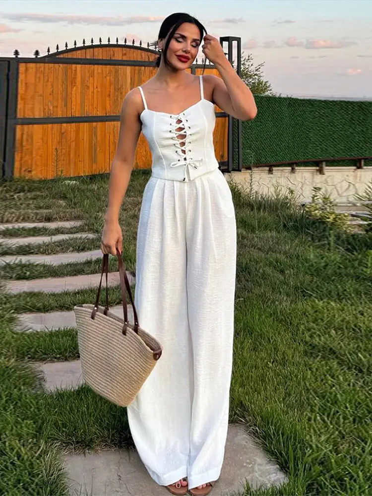 Fashion Women's Lace Up Top Trouser Suits Sleeveless Wide Leg Pants Lady Set 2025 Spring Summer Casual 2 Piece Set Women