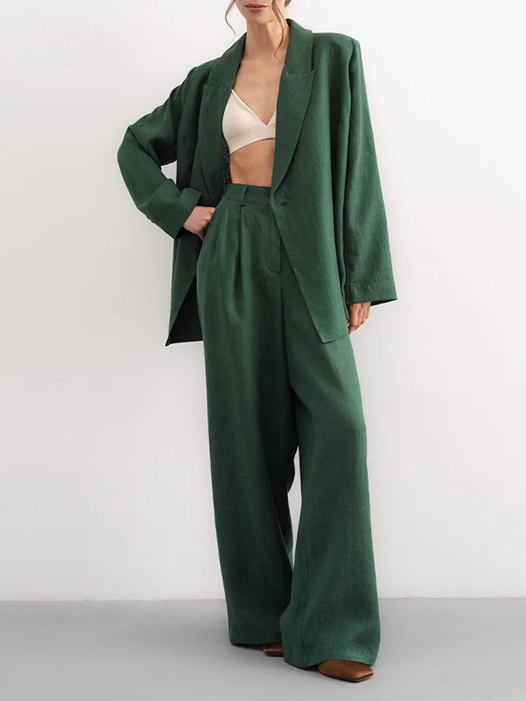 Casual Women's Shirts Trouser Suits Long Sleeve Turn-Down Collar Straight Pants Solid Lady Sets 2025 Summer Casual 2 Piece Set