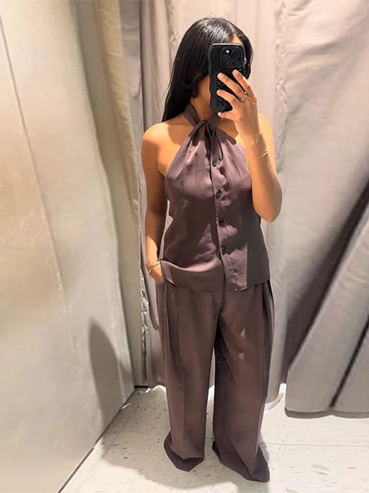 Sexy Women's Halter Top Trouser Suits Sleeveless Wide Leg Pants Solid Lady Sets 2025 Summer Fall Fashion 2 Pieces Set Women