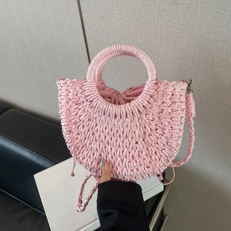 Handwoven Straw Rattan Half-Moon Beach Handbag Large Capacity Women Summer Hollow Out Crossbody Shoulder Bag