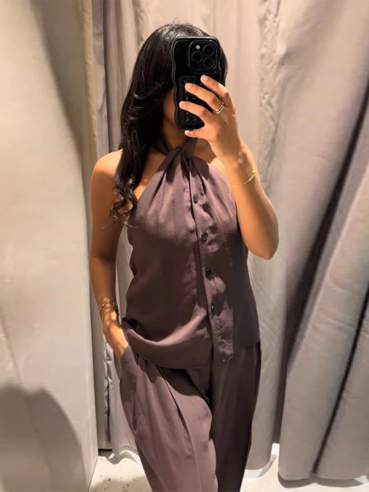 Sexy Women's Halter Top Trouser Suits Sleeveless Wide Leg Pants Solid Lady Sets 2025 Summer Fall Fashion 2 Pieces Set Women