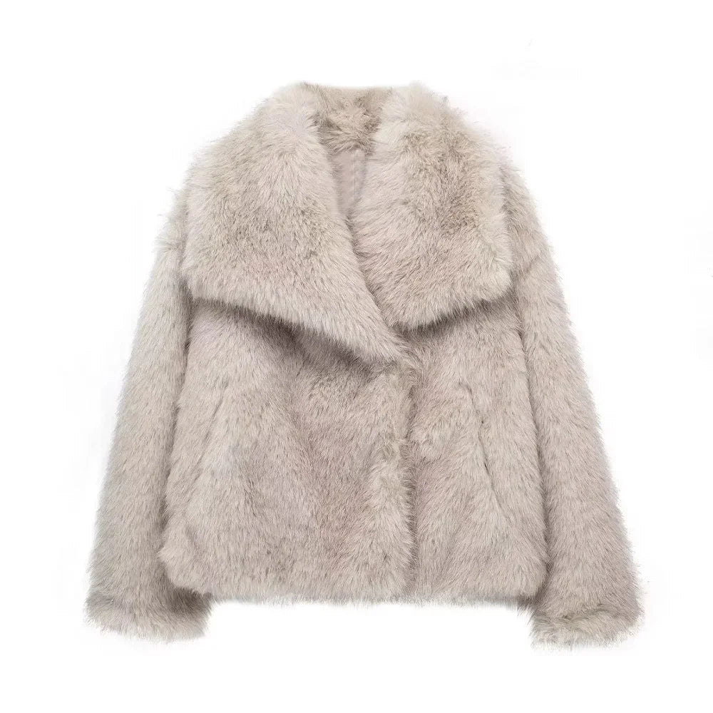 TRAF Womens Coats Winter Cropped Faux Fur Coat Women Autumn Long Sleeve Fluffy Black Jacket Outerwears Warm Plush Short Coats