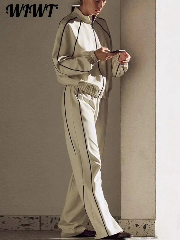 Casual Striped Zipper Coat Trousers Set Women Loose Stand Collar Long Sleeve Top Elastic Waist Wide Leg Pants 2025 New Tracksuit